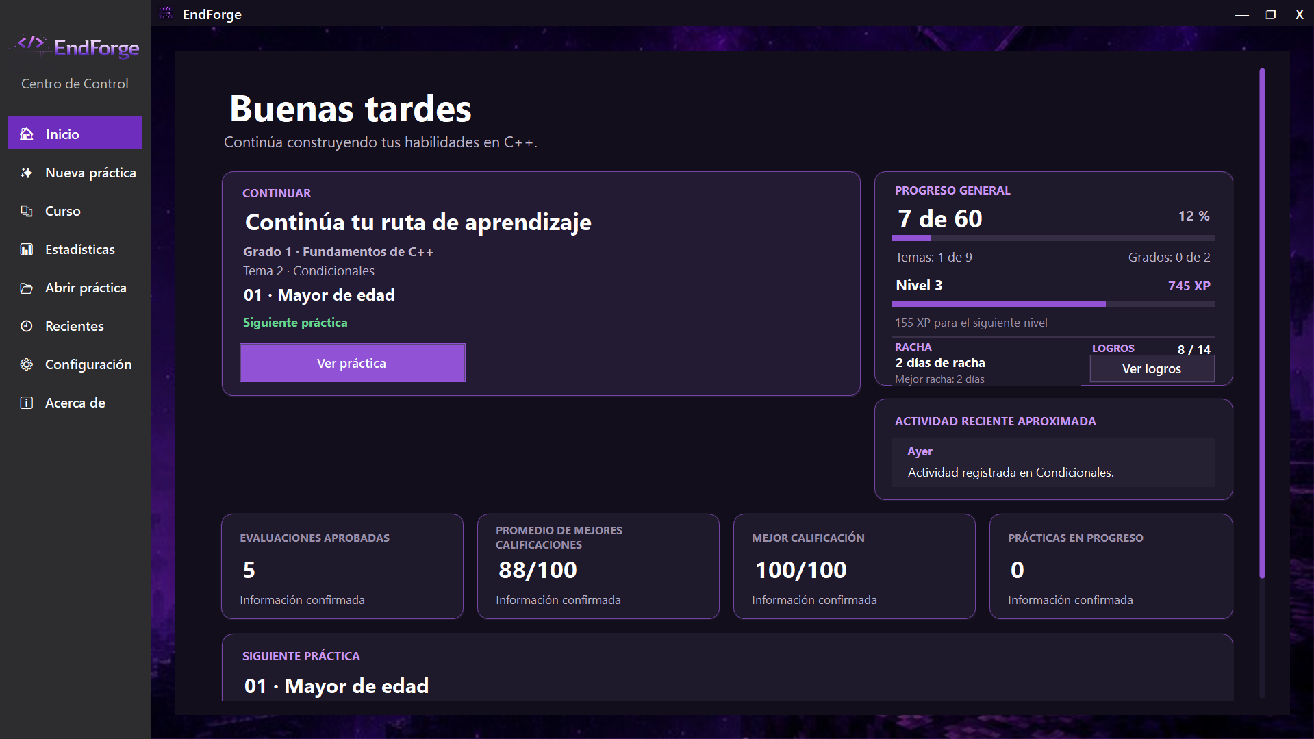 Pantalla de inicio de EndForge