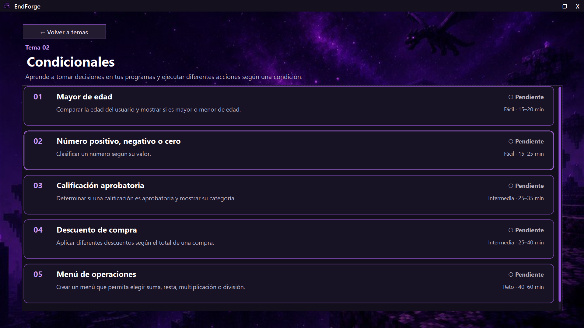 Sección de prácticas de EndForge